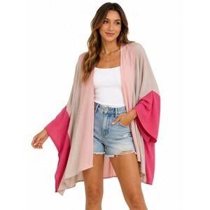 Rustic Rack Kimono Women Size S Pink Tan Colorblock Boho Flowy Cardigan